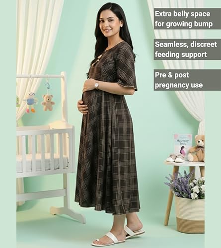 Image of DUMMY SHAPE Feeding Nighty | Maternity Dresses for Women Cotton Blend | Floral Pink Anarkali Kurta with Dual Nursing Zippers for Pregnancy & Breastfeeding | Gifts for Pregnant Women (