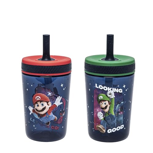 Zak Designs The Super Mario Galaxy Movie Kelso Toddler Tumblers For Travel or Home 15oz 2-Pack Durable Plastic Sippy Cups With Leak-Proof Design is Perfect For Kids BPA Free (Mario & Luigi)