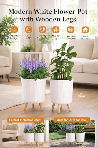Image of 15 Inch Plant Pot with Stand | White Ribbed Plastic Planter with Wooden Legs | Modern Decorative Flower Pot for Living Room, Balcony, Office, Indoor & Outdoor Garden (Pack of 2)