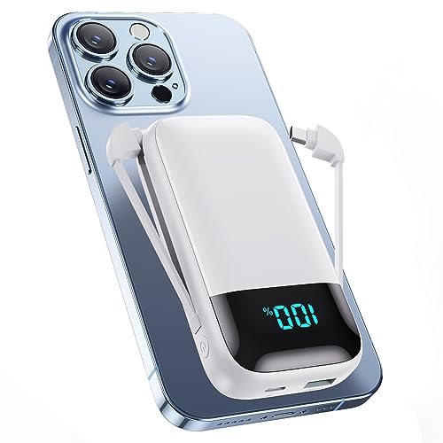 Portable Charger with Built in Cables,Ultra-Compact 13800mAh PD Fast Charging USB C Power Bank,4 Output LCD Display Battery Pack Compatible with iPhone 15/14/13/12,Android Samsung Galaxy Nexus,White