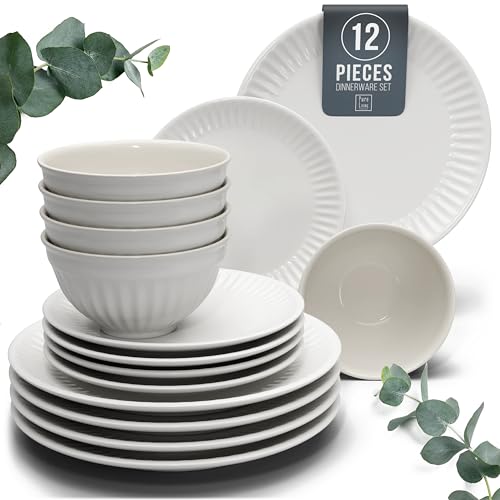 Image of Stoneware Dinnerware Set for 4 People HYGGE 12-Piece - Elegant Scandi Design - Premium Dish Set - Bowl and Plate Set - Tableware for 4 People in a Ribbed Design - Pure Living in White