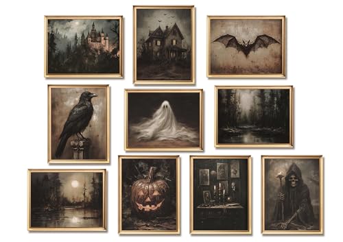 Creepy Halloween Wall Art Posters Prints Set of 10 – Unframed Vintage Witchy Gothic Canvas Picture, Dark Aesthetic Halloween Ghost Wall Decor for Living Room Bedroom Gallery 8x10 inch