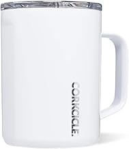 Corkcicle Origins Travel Coffee Mug - Triple Insulated Stainless Steel Cup with Handle for Tea, Hot Chocolate, Coffees, More - Spill Proof, Reusable, Dishwasher Safe - Gloss White, 475ml/16oz