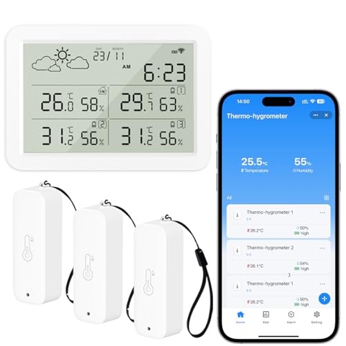 WIOONI WLAN Thermometer Hygrometer Innen Außen mit LCD-Display, WiFi Temperatursensor mit App, Tuya/Smart Life Kompatibel für Gewächshaus, Weinkeller, 3 Sensoren und 1 Basisstation WIOONI WLAN Thermometer Hygrometer Innen Außen mit LCD-Display, WiFi Temperatursensor mit App, Tuya/Smart Life Kompatibel für Gewächshaus, Weinkeller, 3 Sensoren und 1 Basisstation