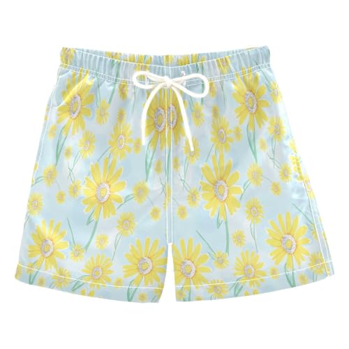 Boys' Swim Shorts & Trunks, Anti Chafe Swim Trunks for Boys 2 T, Yellow Daisy Flowers Light Blue