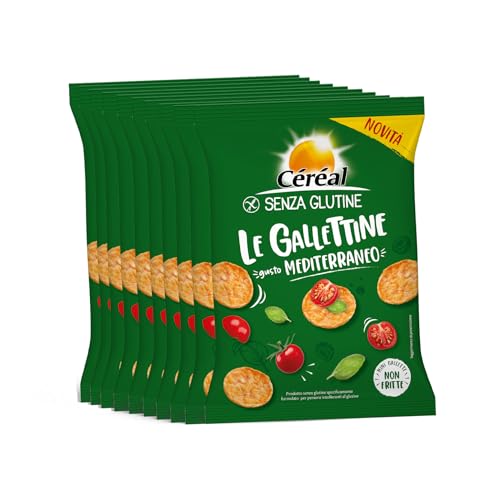 CÉRÉAL - LE GALLETTINE - Gusto Mediterraneo - Snack salati senza glutine - Mini gallette gluten free a base di mais e riso al gusto pomodoro - Ottimali per aperitivo e merenda - 10 confezioni da 70 gr