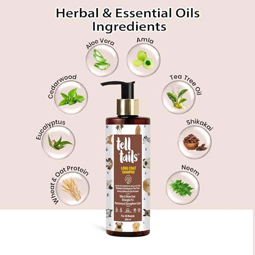 Image of Long Coat Dog Shampoo - 250ml - Moisturises, Detangles & Strengthens - Shikakai, Eucalyptus, Tea Tree, Amla, Wheat & Oat Protein - Repels Ticks & Fleas - For Shih Tzu, Retriever & All Breeds