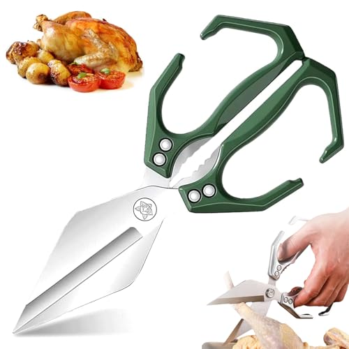 Multifunctional Heavy-Duty Kitchen Shears, Poultry Shears with Ergonomic Handle, Japanese High-Carbon Steel Kitchen Scissors, Ultra Sharp, for Chicken, Meat, Seafood, Bone Cutting (Green)