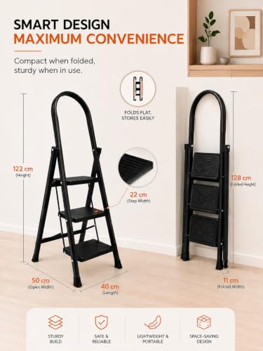 Image of KITCHIVO 3 Step Foldable Ladder with Safety Handrail, Wide Anti-Slip Steps & Non-Slip Feet, Heavy Duty Steel Step Ladder for Home, Kitchen & Office