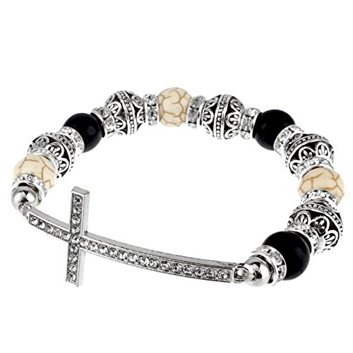 Elosee Sideways Curved Cross Stretch Bracelet. (Onyx/White Howlite)