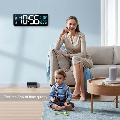 Image of EASEPRES 16 inch Digital Wall Clock with Remote Control - LED Display, Auto-Dimming, Countdown Timer, Temperature & Calendar - 12 /24 Hour Format, ABS Rectangle Design (White + Blue)