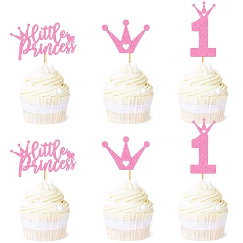 Ercadio 24 Pack Little Princess Crown Cupcake Toppers First birthday Glitter Baby Shower Crown Cupcake Picks Wedding Girls Birthday Party Cake Decorations Supplies Pink One