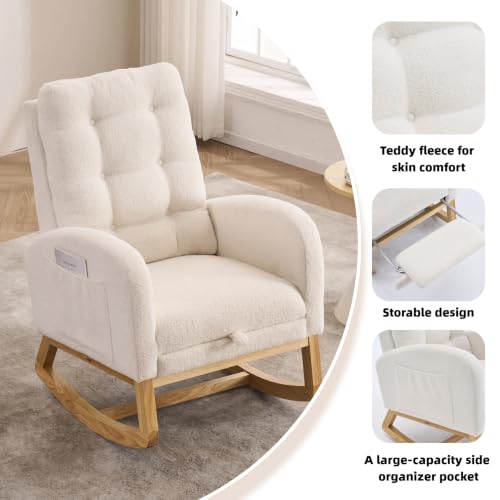 Image of Rocking Chair with Foot Rest, Nursery Rocking Chairs with Rubber Wood Legs, High Back Pocket Modern Upholstered Glider Chair, Comfy Accent Rocker Armchair for Living Room Bedroom,Beige White
