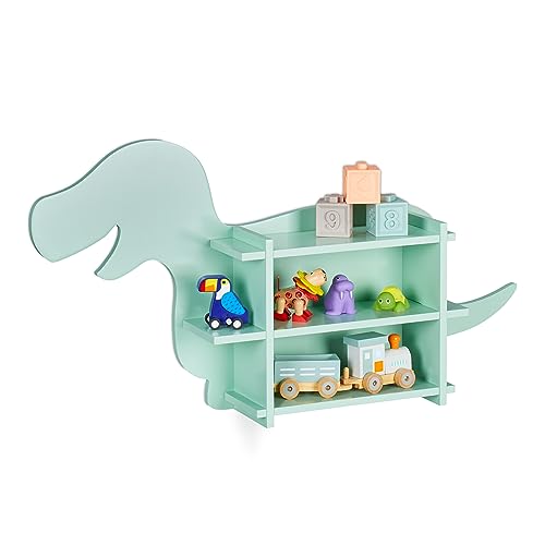 Relaxdays Estantería Infantil Dinosaurio, Juguetero Pared 2 Baldas Abiertas, Librería Niños, 43,5x84x13,5 cm, Turquesa