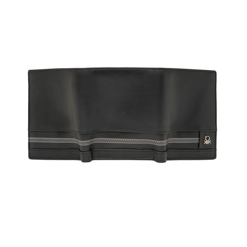 Image of United Colors of Benetton Men's Leather Trifold Wallet Frenda - Black | Compact High-Capacity Design with 6 Card Slots & 1 Compartments | Stylish Purse of Gents