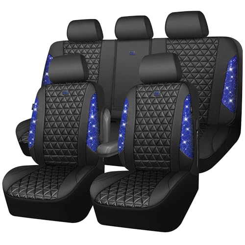 CAR PASS Bling Diamond Black Leather Car Seat Covers Full Set Interior Sets, Waterproof Shining Glitter Sparkly Crystal Universal Armrest Fit Automotive Truck SUV Cute Women Girl, Blue Rhinestone