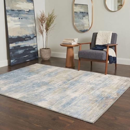 Image of BEIMO Area Rugs 8x10 for Living Room Bedroom, Modern Abstract Machine Washable Rug, Large Soft Low Pile Floor Cover with Non Slip Backing for Dining Room, Dusty Blue Beige