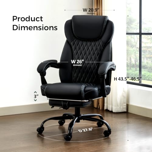 Image of amseatec Big and Tall Office Chair with Footrest, Ergonomic Leather High Back Computer Chair Infinite Lock Reclining 90-135,20 Spring Packs,300lbs Executive Desk Chair for Home Office（Black）