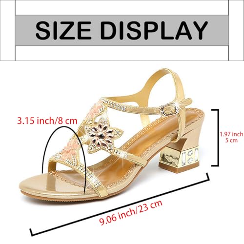 Women's Genuine Leather Crystal Dress Block Heel Sandals Fashion Rhinestone Flower Decor Round Open Toe Adjustable Ankle Buckle Casual Chunky Heel Sandals for Party Wedding Work4
