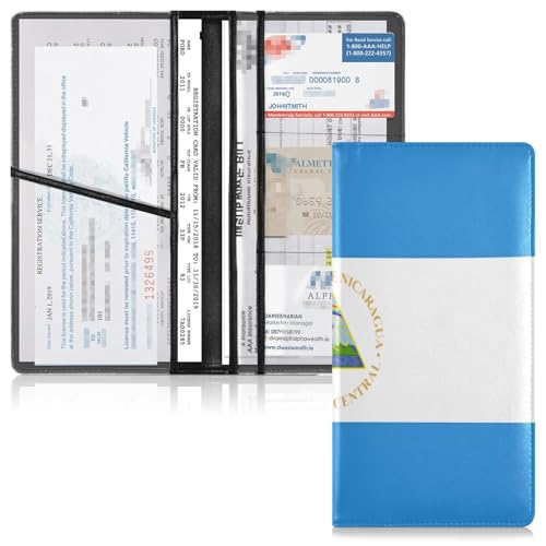 GuoChe Premium Leather Car Registration and Insurance Card Holder Men Women Essential Wallet Case for Cards, Essential Document, Driver License Vehicle Paperwork Nicaragua Flag3