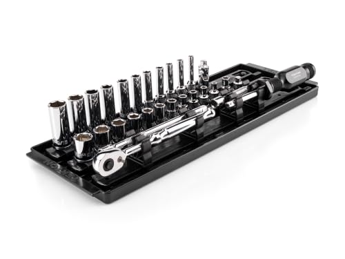 Image of TEKTON 1 /4 Inch Drive 6-Point Socket and Ratchet Set with Rails and Tray, 29-Piece (5 /32-9 /16 in.) | SKT03101