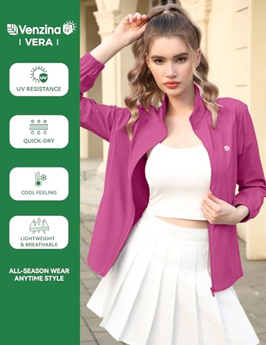 Image of Venzina Women's UPF 50+ Lightweight Athletic Jacket UV Sun Protection Full Zip Cooling Hoodie Long Sleeve Sunscreen Protective Clothing for Women for Outdoor Hiking, S-XL