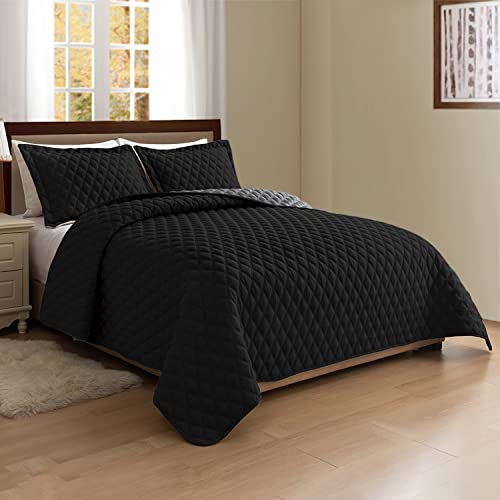 Elegant Comfort 3-Piece Quilted Reversible Bedspread Coverlet Set With Pillow Shams, Exquisite Diamond Stitching All Season Heavy Weight-Ultra Soft Premium Quilt- California King, Black/Gray #TOP5