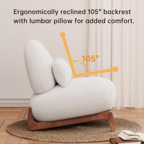 Image of Modern Upholstered Lounge Chair | Premium Fabric Accent Chair with Solid Wooden Legs | Comfortable Single Seater for Living Room, Bedroom & Office (White)