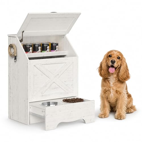 HOOBRO Dog Feeding Station with Sliding Drawer and 2 Hidden Bowls Pet Feeding Station with Flip-Up Door Dog Food Storage Cabinet with 2 Hooks for Living Room and Bedroom Cloud White WT03PO03