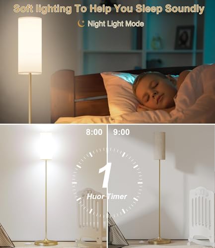 Image of luckystyle LED Floor Lamp for Living Room, Dimmable Standing Lamps with Foot Switch,Remote Custom Color Temperature Gold Pole Lamp with Lampshade,12W Led Bulb Tall Lamps for Bedroom Office Kid Room