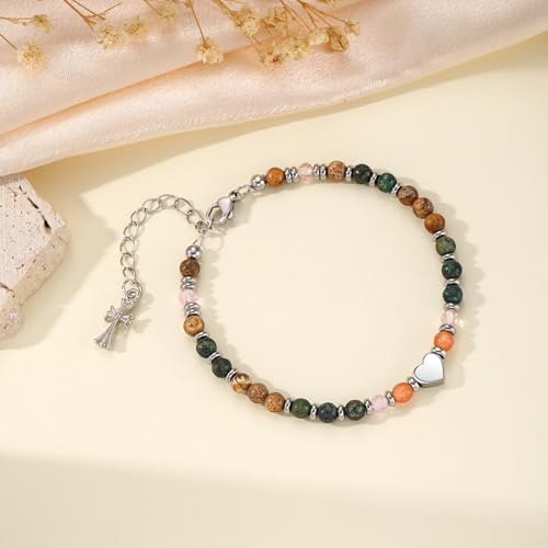 Image of Easter Basket Stuffers for Teens, Nature Stone Cross Bracelet Easter Gifts for Teens Women Adults Christian Religious Jewelry Baptism Confirmation Gift