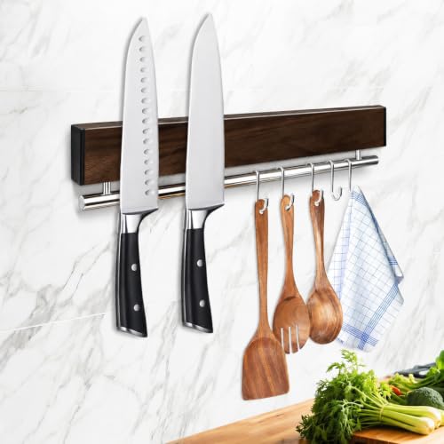 12 Inch Magnetic Knife Holder for Wall, Walnut-Finish | Stainless Steel Magnet Knife Strip, No Drill, 5 Hooks/Adhesive Tape/Screws, Wall Mounted Kitchen Utensil Holder