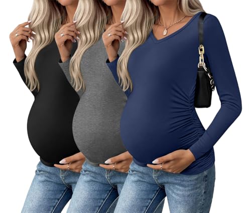 Womens Maternity Long Sleeve Ruched V-Neck Tops (3 Pack)