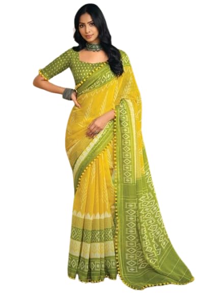 Image of Women's Linen Cotton Blend Saree Multicolor Ikat Brush Print Scalloped Border with Floral Print Unstitched Blouse Piece