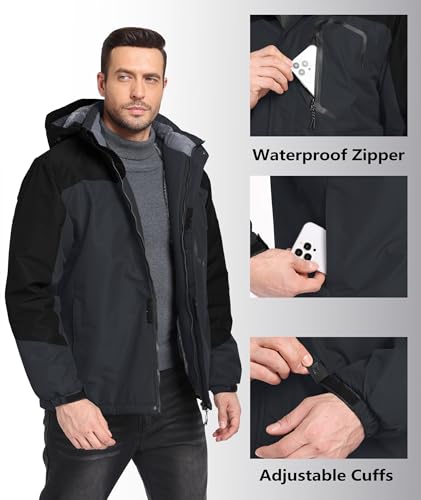 Image of Mens Winter Jackets Waterproof Warm Fleece Ski Jacket with Hood Thermal Windproof Coat Zip Pockets