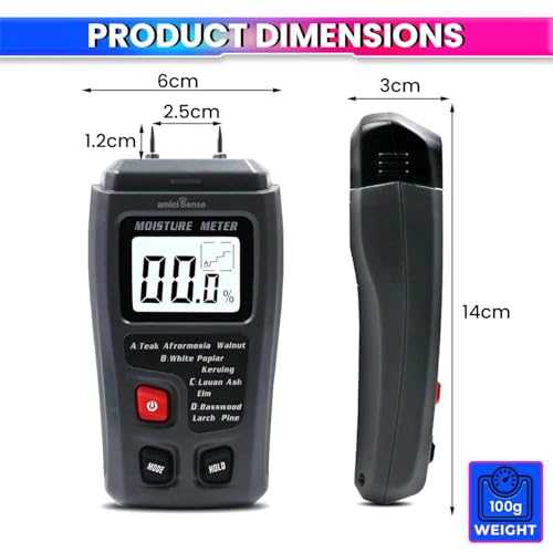 Image of amiciSense Wood Moisture Meter with 8 Material Modes, 0-80% RH Range | Digital Humidity Tester for Wood, Cement Motor, Wall, Firewood, Paper, etc