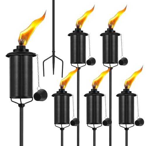 FAN-Torches Home Garden Torch Set of 6, 16oz Outdoor Metal Torch Garden Décor, 59-Inch Upgraded Citronella Torches with 3-Prong Grounded Stake, Metal Light Torches for Party Patio Pathway