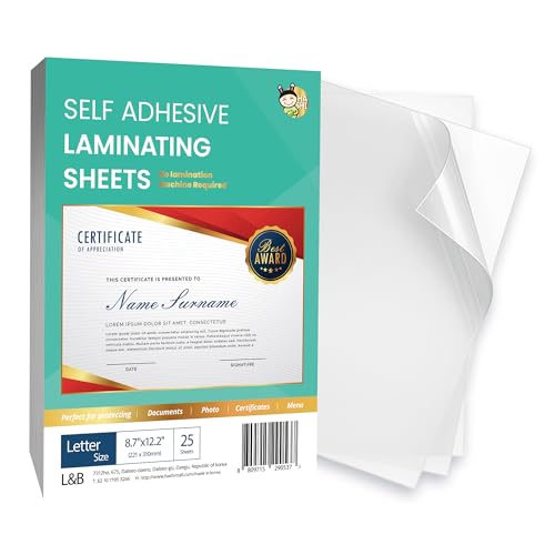 No Heat Laminating Sheets Self Sealing 8.5 x 11 Inch, 25 Pack, 4mil Thickness, Transparent, No Machine Self Adhesive Laminating Sheets, Protect documents and Photos [Letter Size] by HA SHI