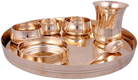 Shiv Shakti Arts® Bronze | Kansa Thali Dinner Set - 7 Piece, Gold - (Pure Kansa - Premium Luxury Dinner Set)
