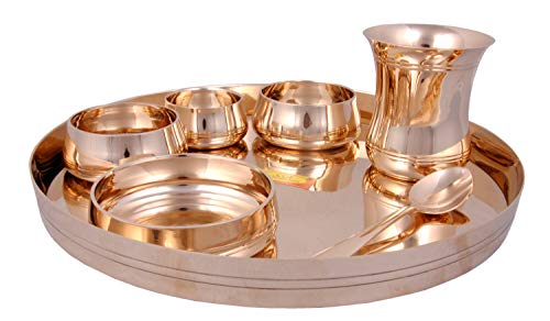 Shiv Shakti Arts® Bronze | Kansa Thali Dinner Set - 7 Piece, Gold - (Pure Kansa - Premium Luxury Dinner Set)