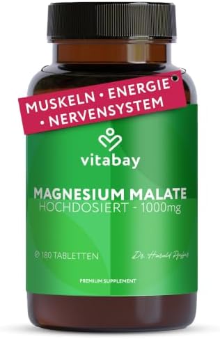Vitabay Magnesium Malat 1000 mg – 180 Vegane Tabletten – hochdosiert | Für Energiestoffwechsel, Müdigkeit & Muskelfunktion – Laborgeprüft in Deutschland und ohne Zusatzstoffe – Vor