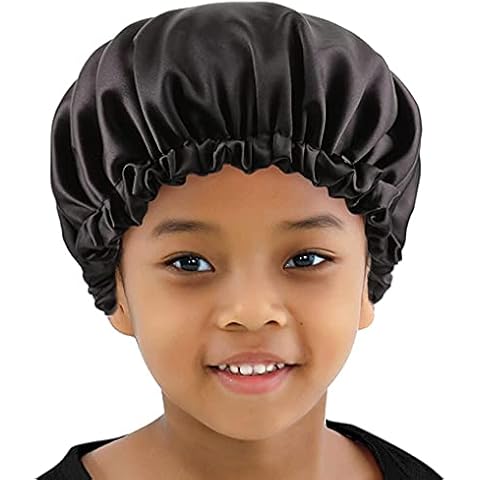 ELIHAIR Kids Girls Boys Sleeping Cap Hair Bonnets for Teens Toddler Child Curly Hair Night Sleep Cap Adjustable Silky Satin Bonnet Cap Reversible Double Layer Jet Black Cover
