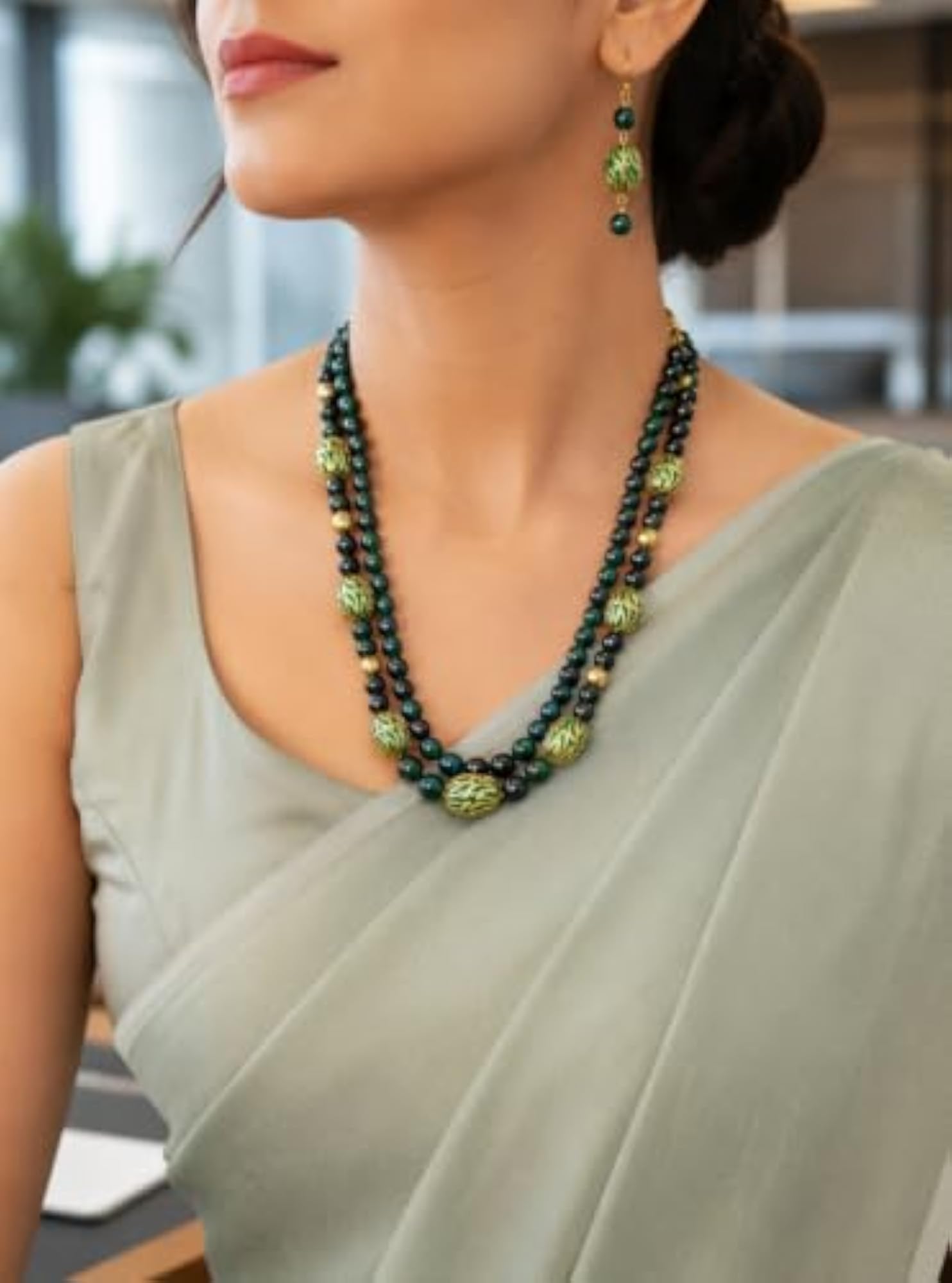2-Layer Beaded Necklace Set with Coordinating Earrings