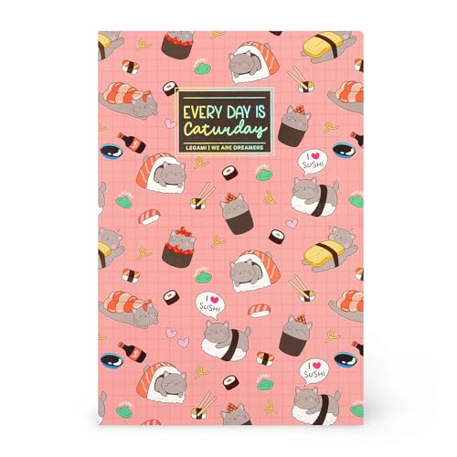 Legami - Cuaderno de rayas de 7 mm, Sushi Cat, tamaño B5, grande, papel certificado FSC, 100 páginas, encuadernación Singer Stitch, 18.5 x 24.8 cm