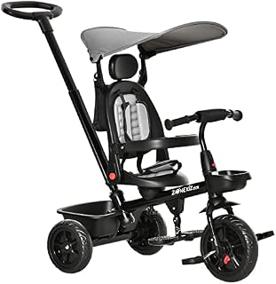 HOMCOM 4-in-1 Kids Tricycle Toddler Trike w/ Reversible Angle Adjustable Removable Seat Adjustable Handle Canopy Handrail Belt Storage Footrest Ages 1-5 Years - Grey