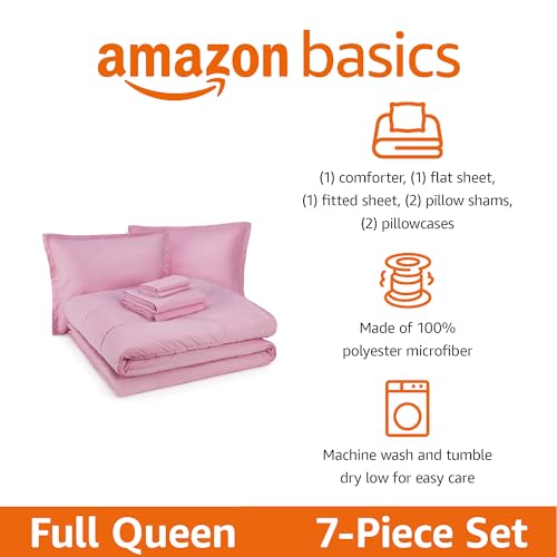 Image of Amazon Basics 7-Piece Soft Microfiber Kid's Bed-in-a-Bag Bedding Set, Full /Queen, Pink, Solid
