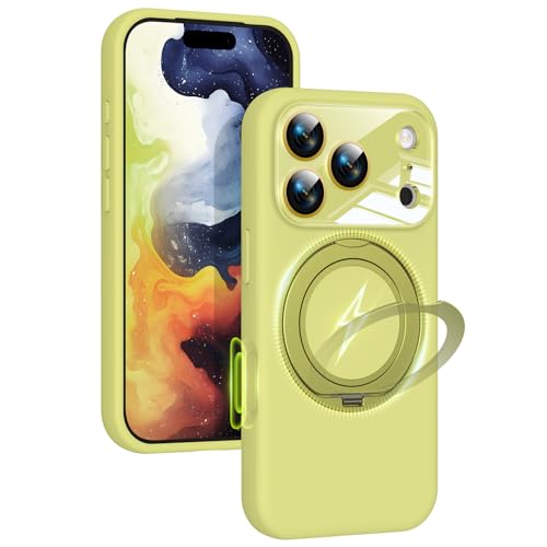 Image of Silicone 360 Spin Magnetic Stand Case for iPhone 17 Pro Max, [Compatible with Mag-Safe][Reinforced Hard Camera Protection] Liquid Silicone Rubber Phone Cover with Ring, Camera Button, Butter Yellow