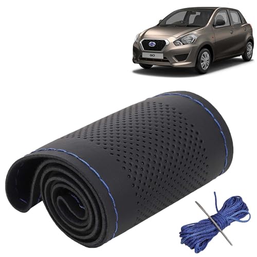 Image of KINGSWAY PU Leatherite Car Steering Cover Sewable Compatible with Datsun Go (Year 2014 Onwards), Black Color with Blue Thread, Pack of 1 with Sewing Needle and Thread