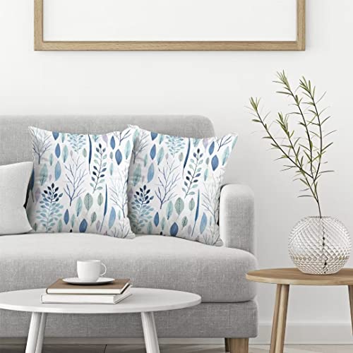 Aeioae Spring Summer Pillow Covers 18X18 Set Of 2, Blue Floral Plants Decorations Throw Pillow Covers Leaf Tropical Watercolor Desigh Outdoors Decorative Cotton Cushion Case For Home Office #TOP3