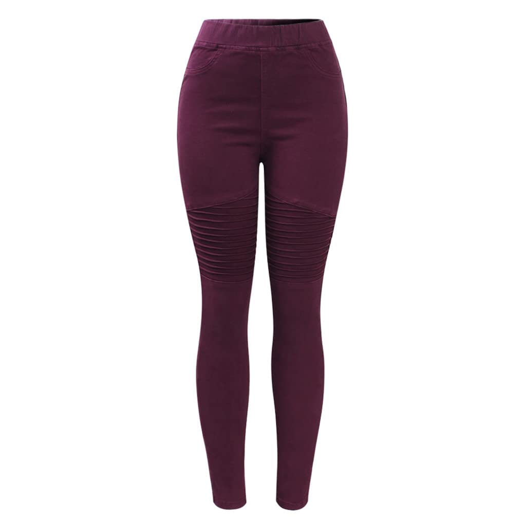 Dninmim Pantalon de moto taille haute plissé en denim pour femme - Rouge vin - Stretch skinny, bordeaux, XXXL